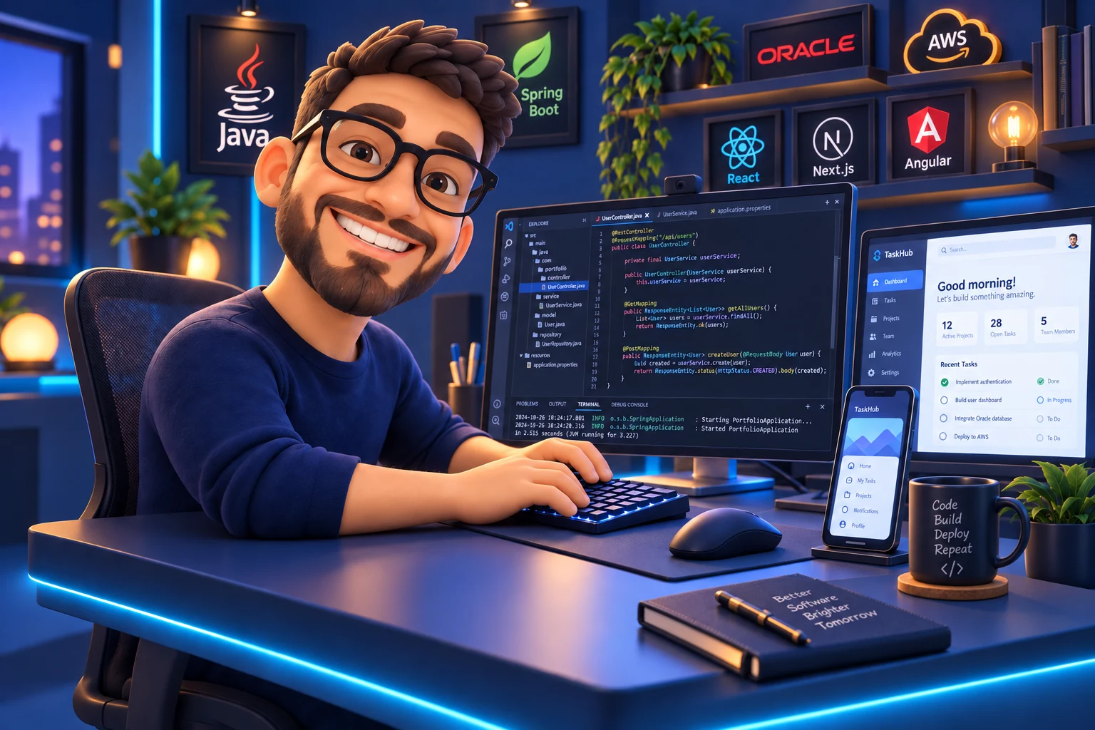 Personagem 3D estilizado de Caio Damião em um estúdio de programação com computador e celular.